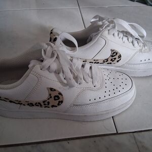 Nike White Sneakers with Leopard Print Swoosh